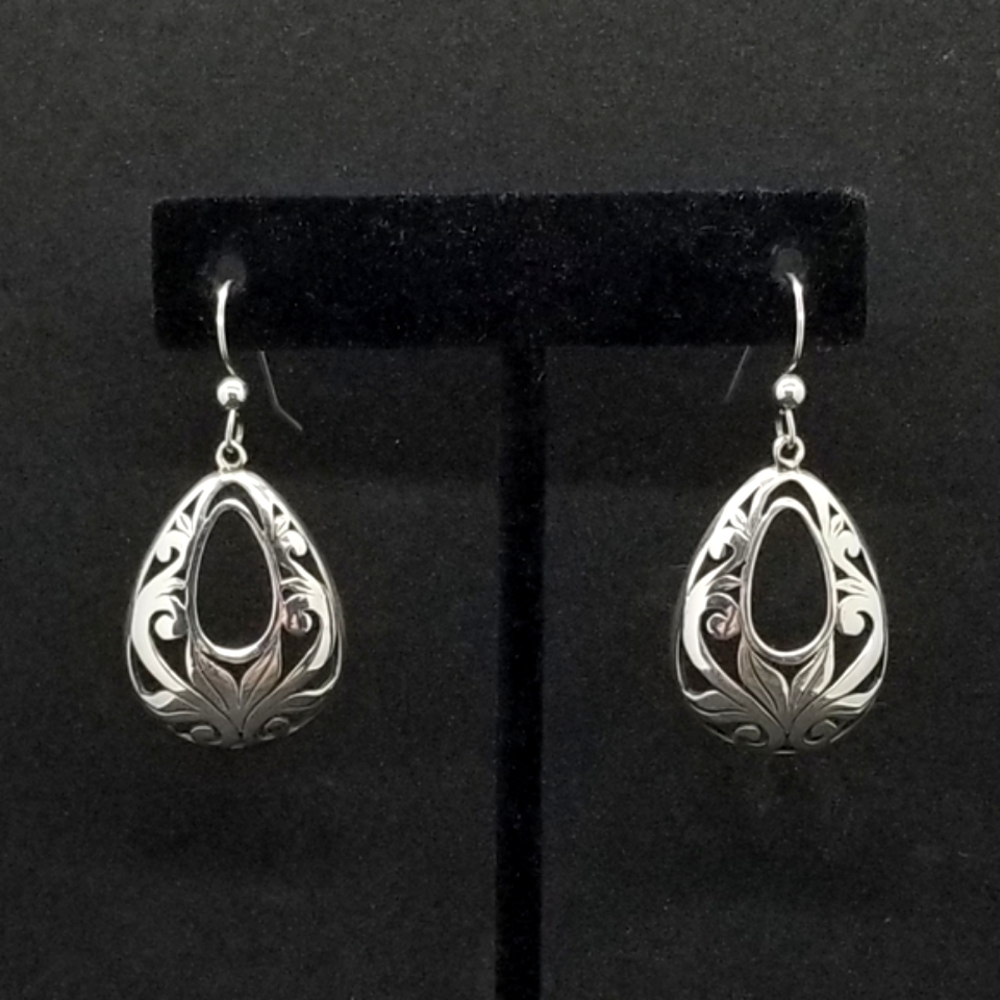 Sterling silver large flourished teardrop earrings
